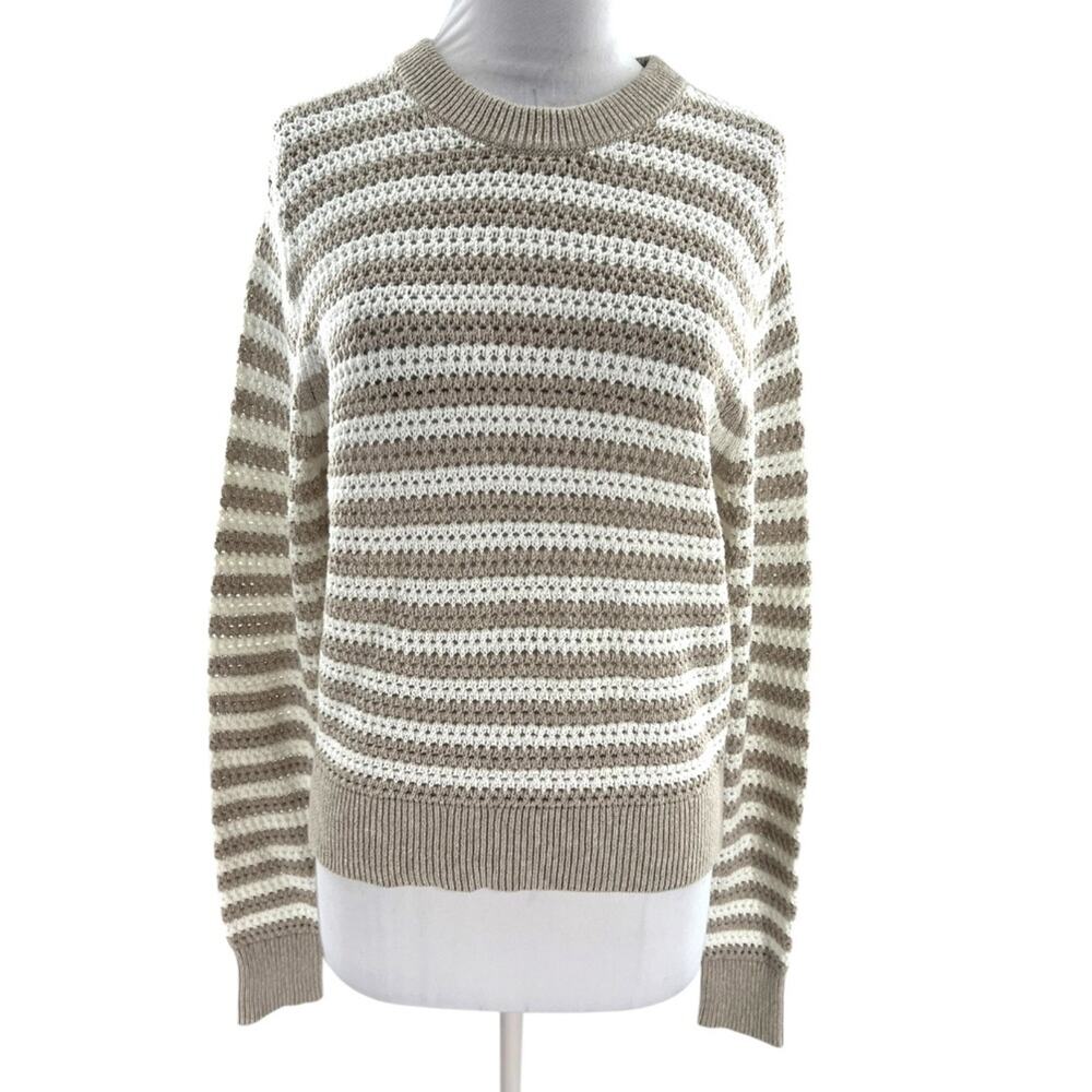 White + Warren striped cotton-linen‎ mesh sweater tan white sz S